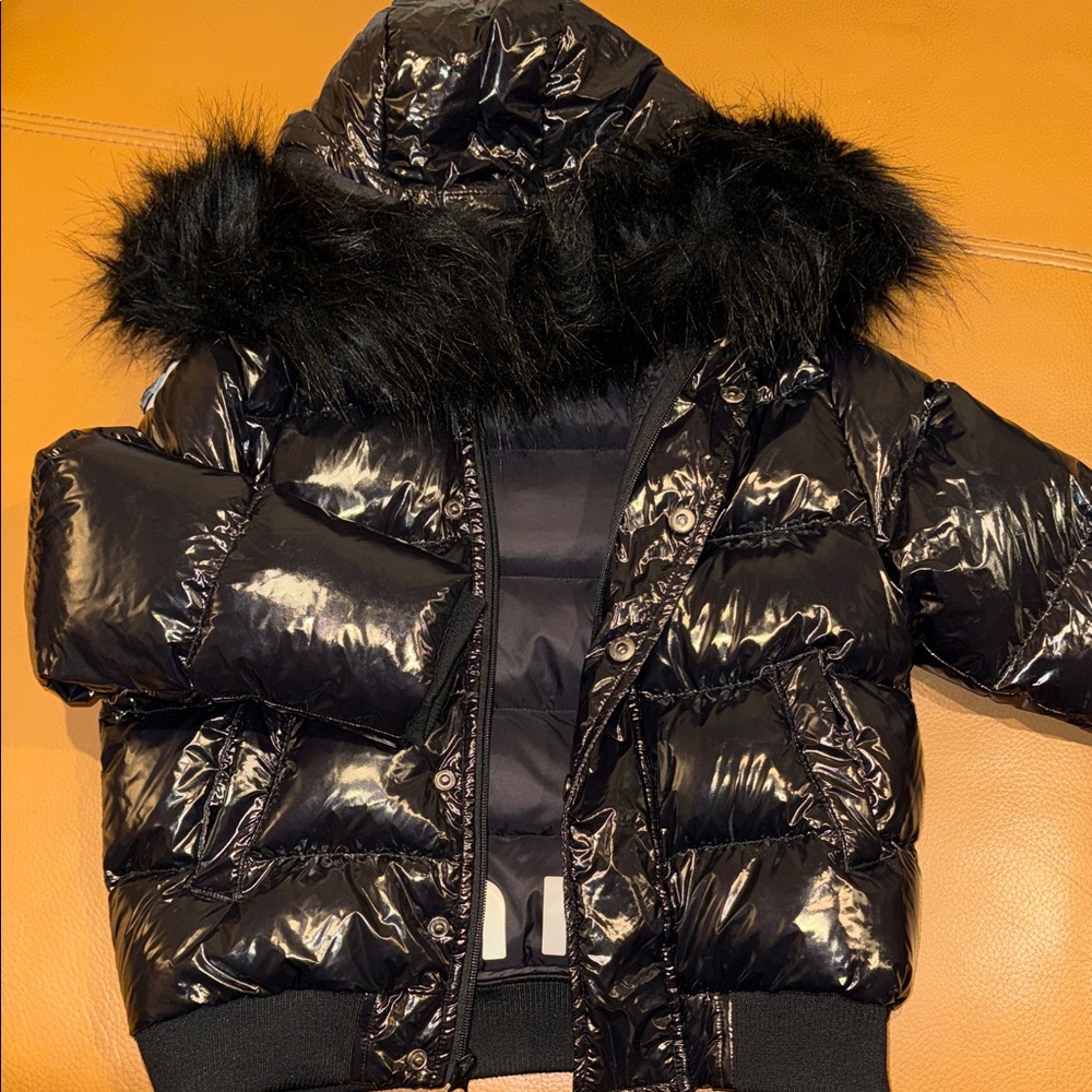 Kids Black Puffer Jacket with Faux Fur Hood